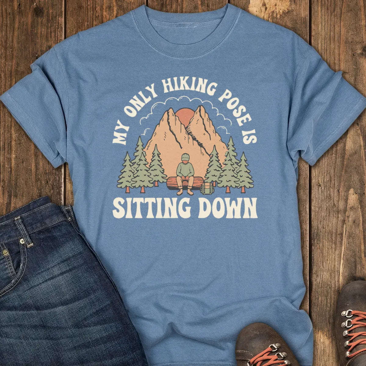 Sitting Pose Hiking Club Tee - Blue Jean