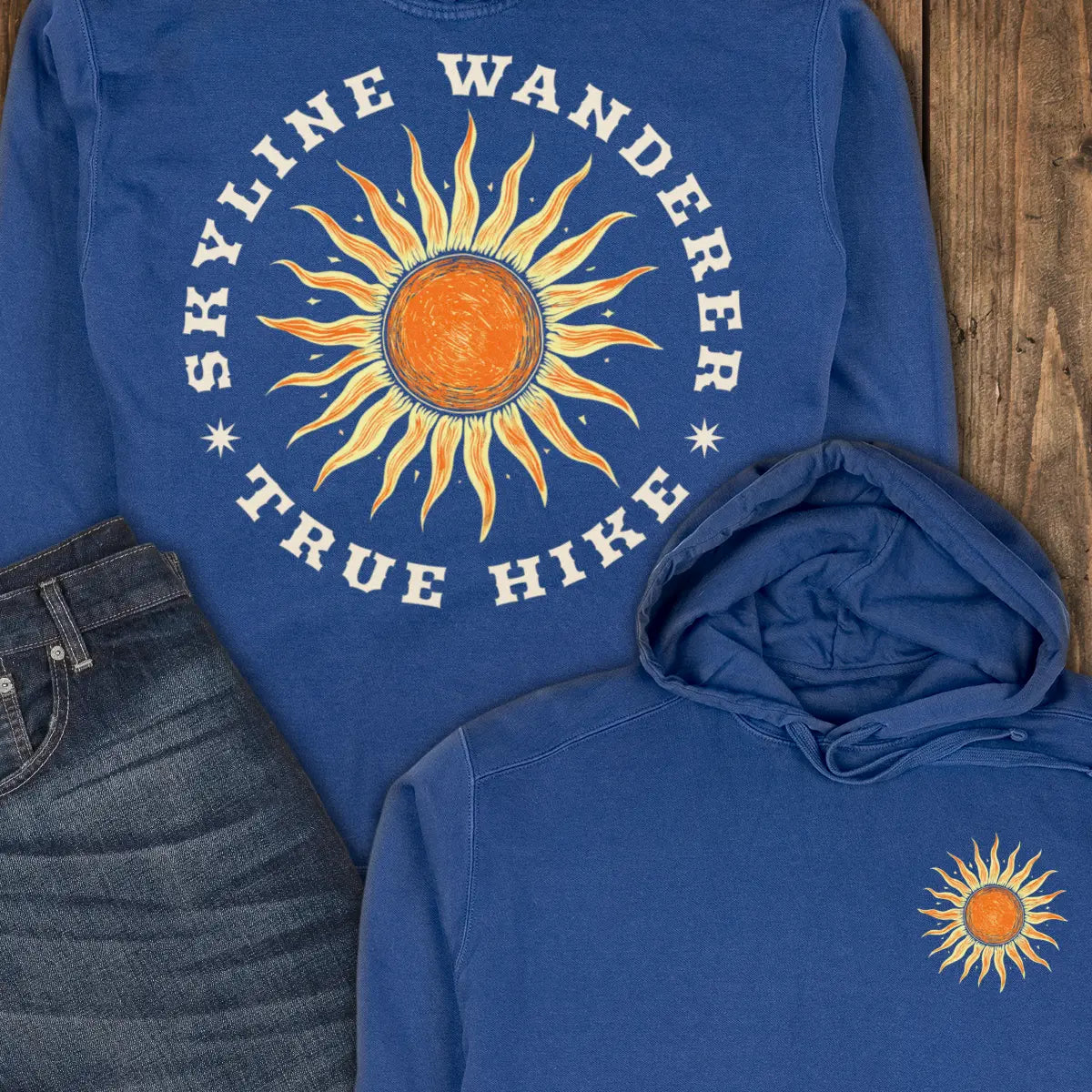 Skyline Wanderer — Back Print Hoodie - True Navy
