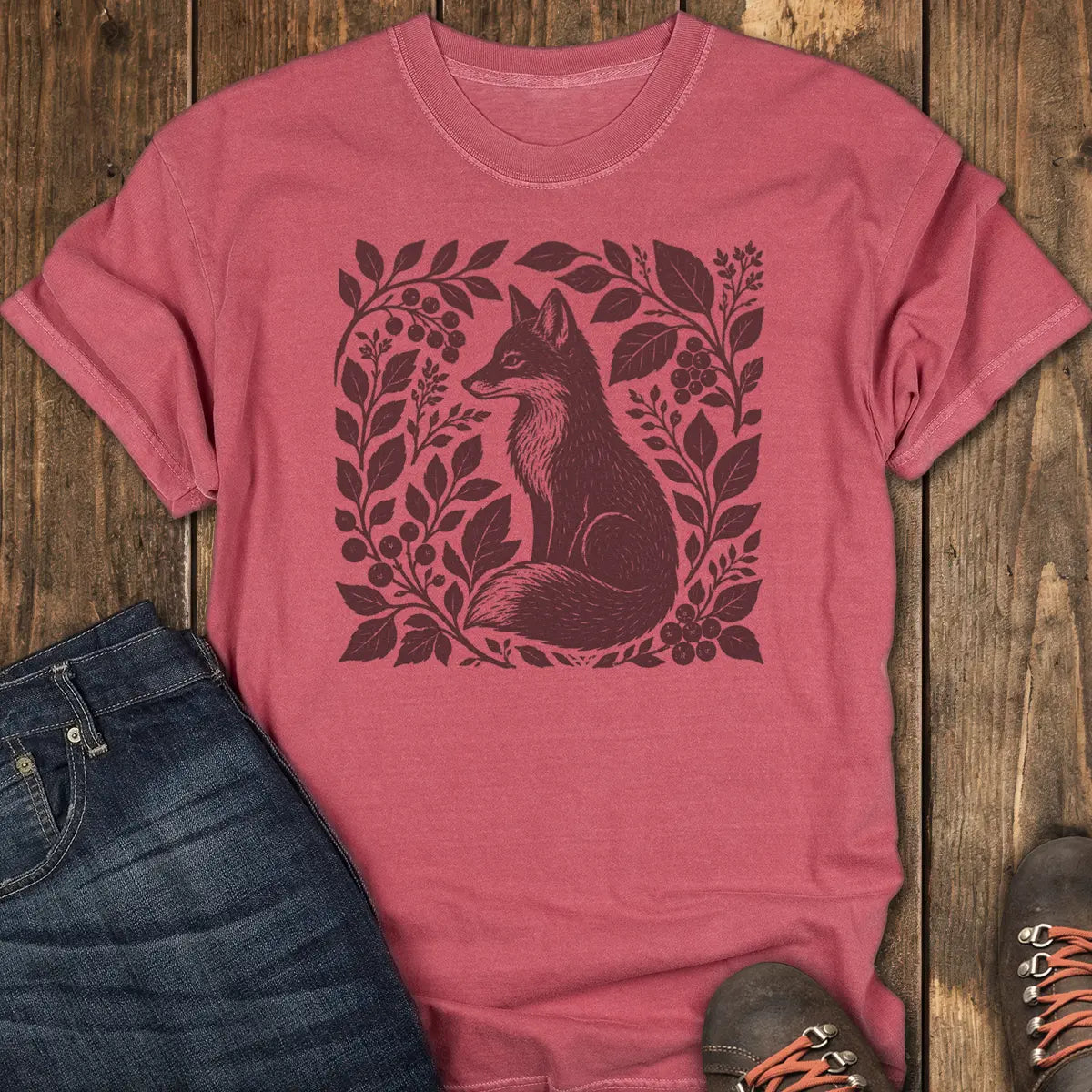 Woodland Fox Tee - Crimson